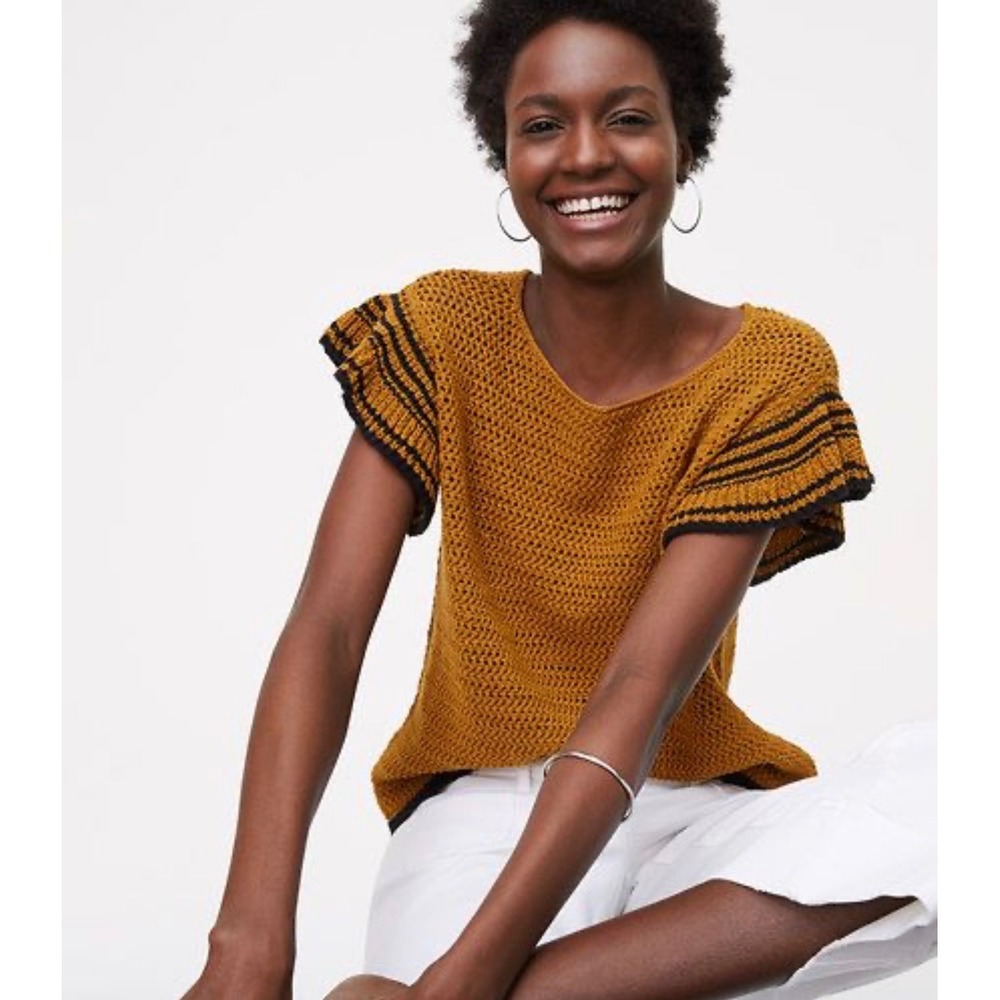 LOFT 100% Cotton Boho Open Knit Flutter Sleeve Top, Medium